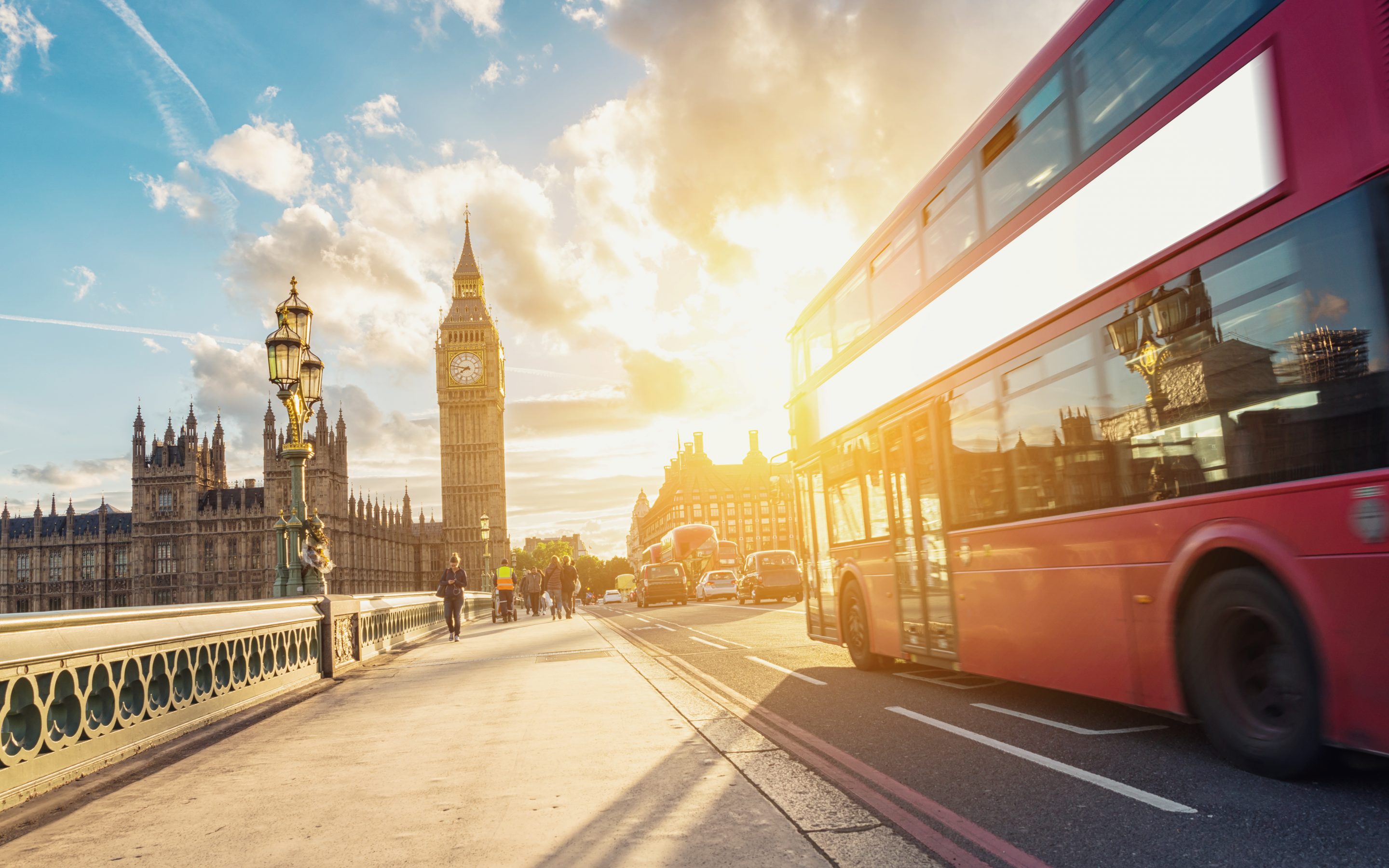 Westminster Bridge at sunset with Bus, London, UK